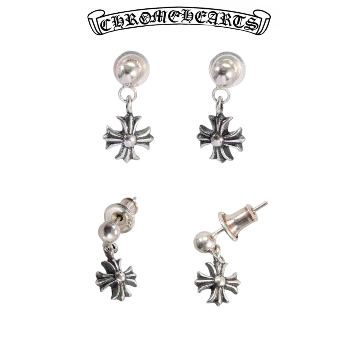 Chrome Hearts Silver Baby Fat Cross Drop Earring (1.3g)