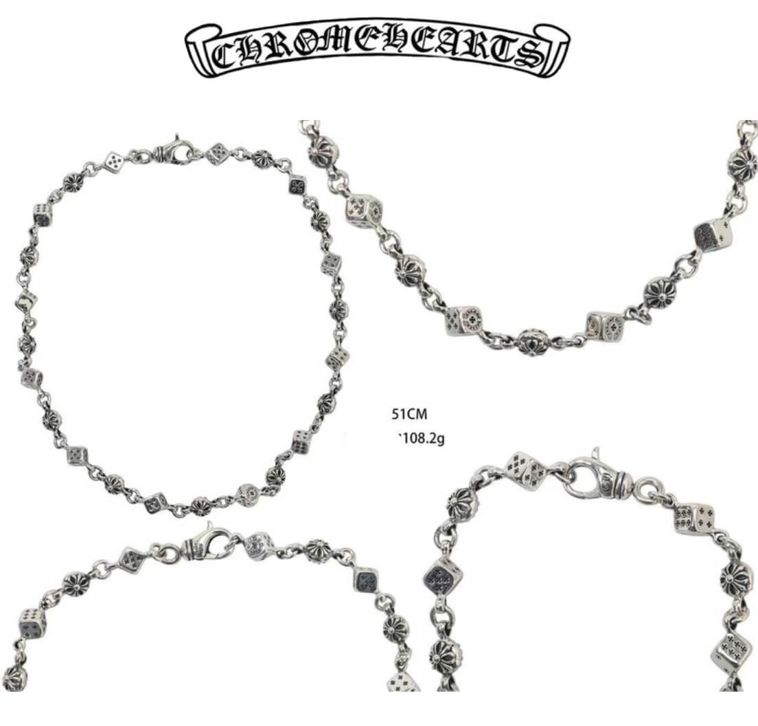 Chrome Hearts Silver Skull + Cross Round Bead Necklace(51cm),(108.2g)