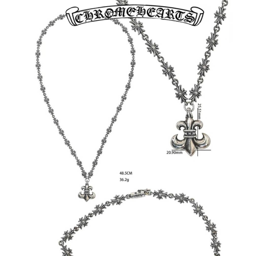 Chrome Hearts Silver Little Scout Flower Pendant + Small Cross Necklace (48cm),(36.2g)
