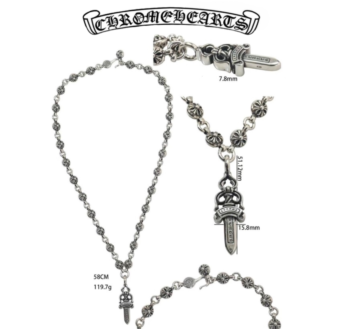 Chrome Hearts Silver Dagger Fixed Cross Round Bead Necklace (58cm),(119,7g)