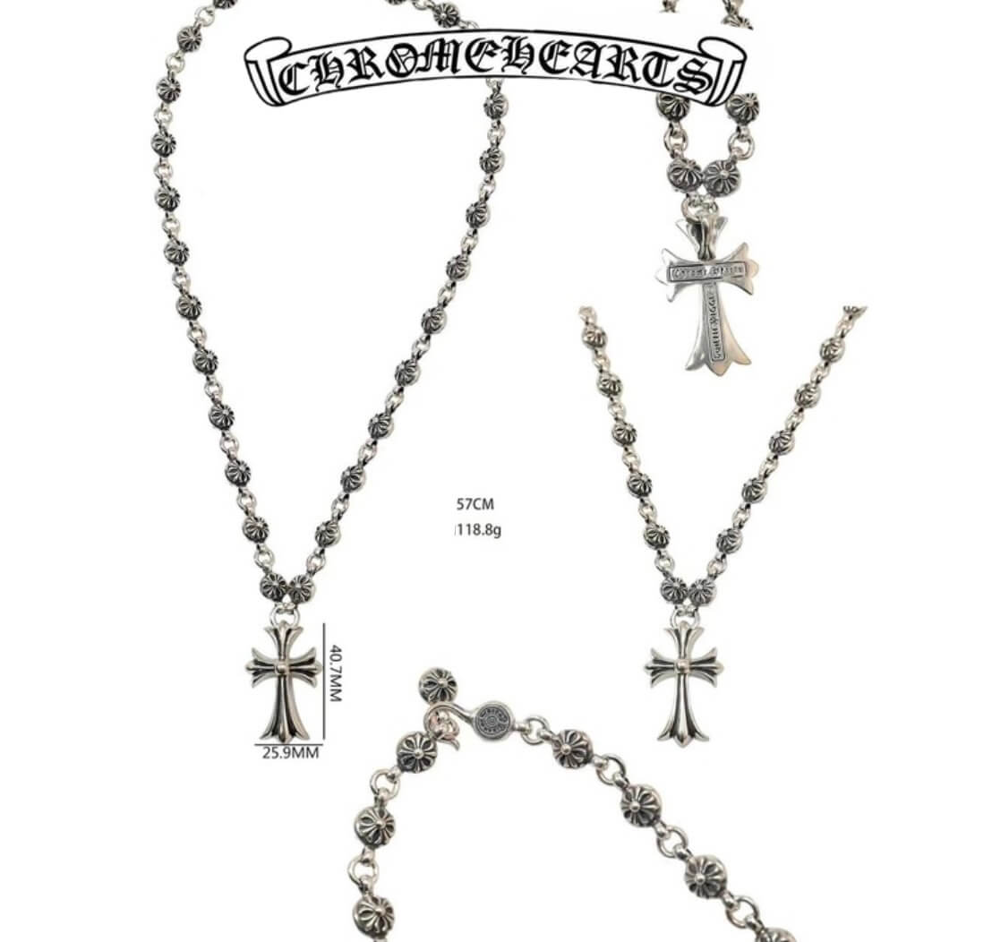 Chrome Hearts Silver Cross Round Bead Pendant Necklace (57cm)(118.8g)