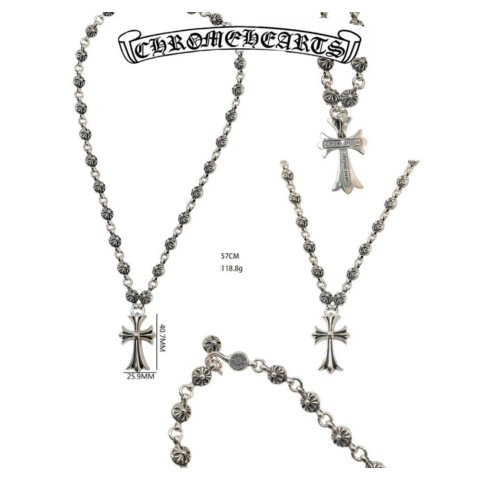 Chrome Hearts Silver Cross Round Bead Pendant Necklace (57cm)(118.8g)