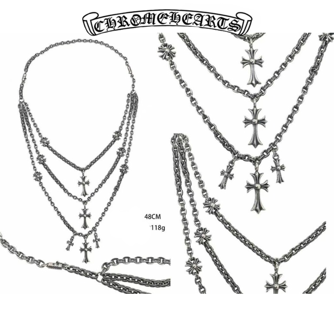Chrome Hearts Silver Cross Design Triple Layer Necklace (48cm),(118g)