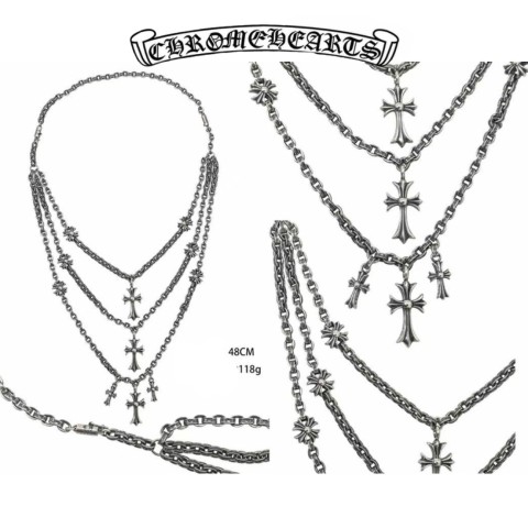 Chrome Hearts Silver Cross Design Triple Layer Necklace (48cm),(118g)
