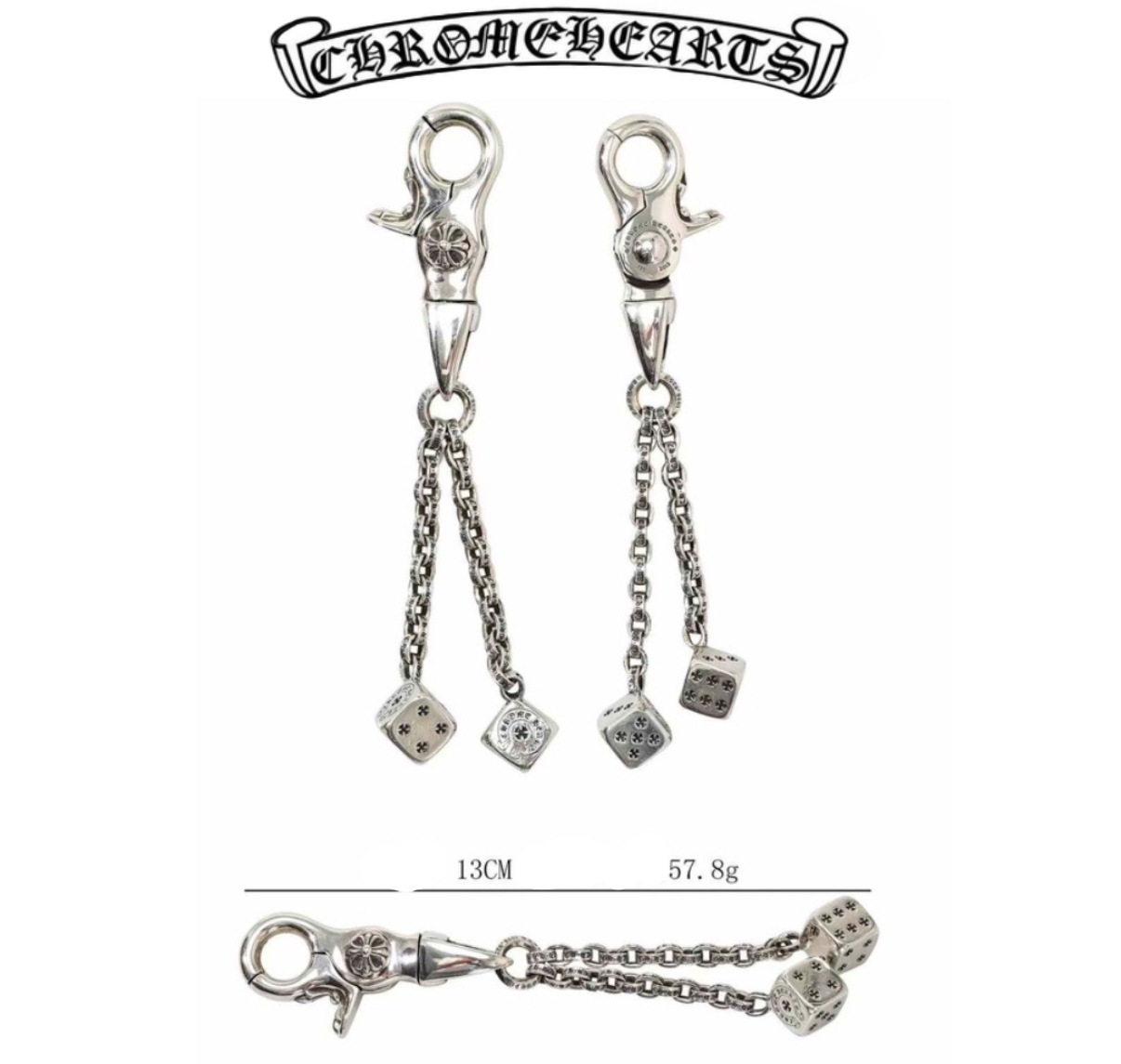 Chrome Hearts Silver Skull Cross Round Bead Chain with Hook + S Clasp (57g)