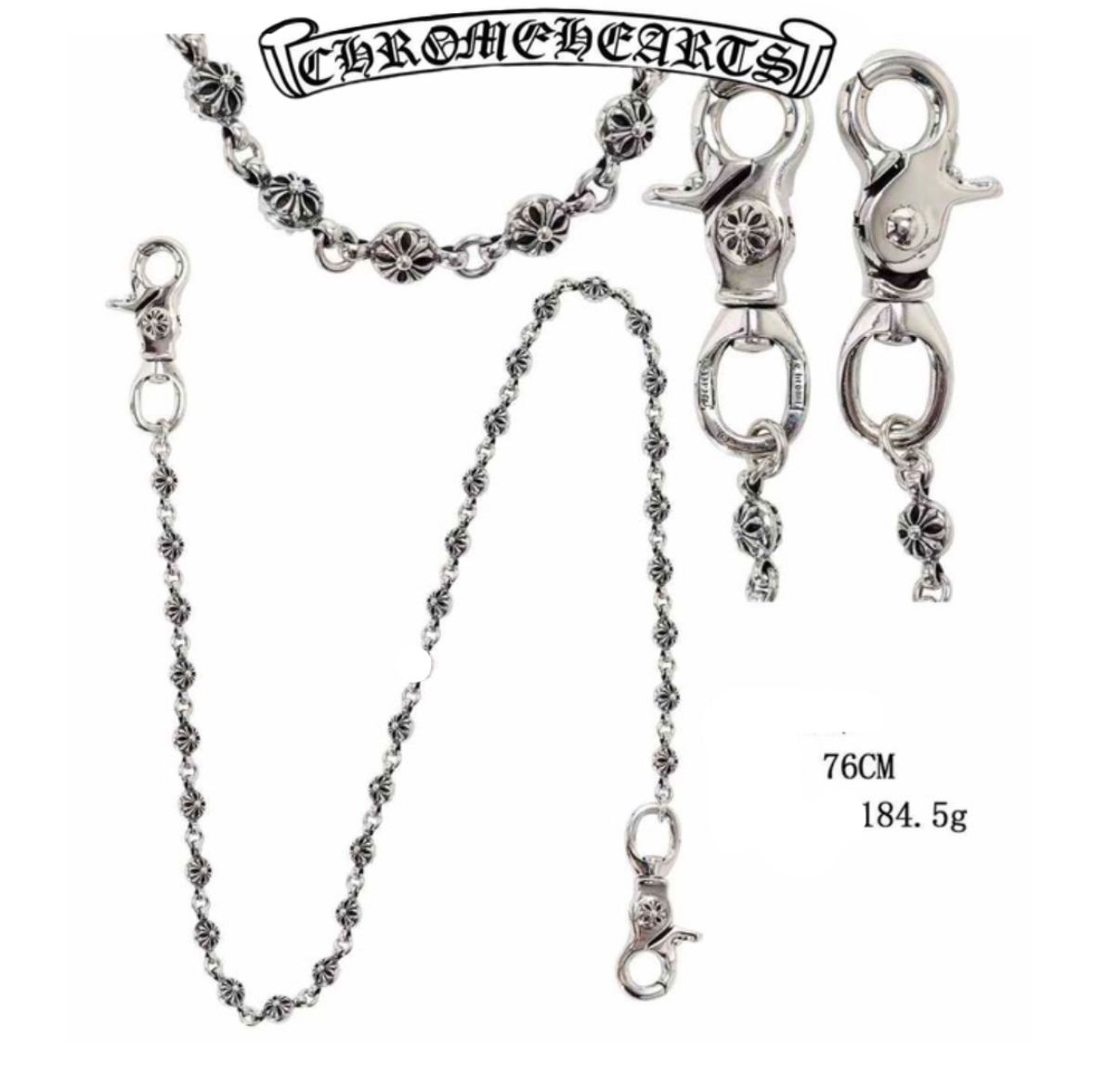 Chrome Hearts Silver Double Hook Cross Round Bead(76cm)(184g)