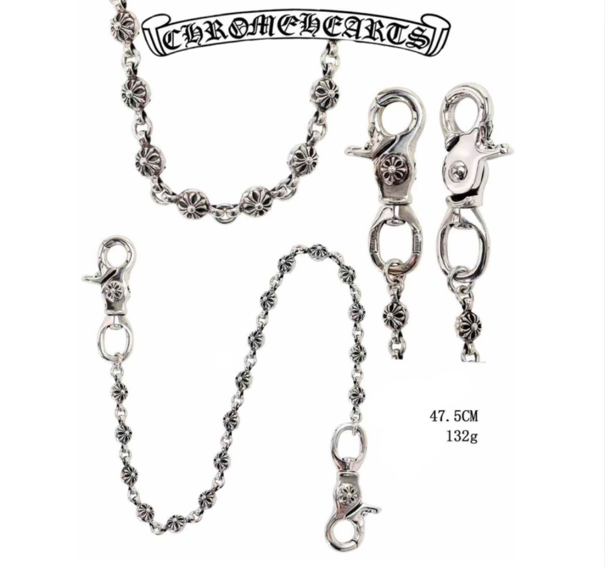 Chrome Hearts Silver Double Hook Cross Round Bead(48cm)(132g)