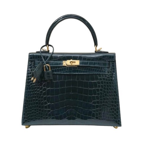Hermès Kelly25 Sellier Vert Rousseau Shiny Alligator&Gold Hardware
