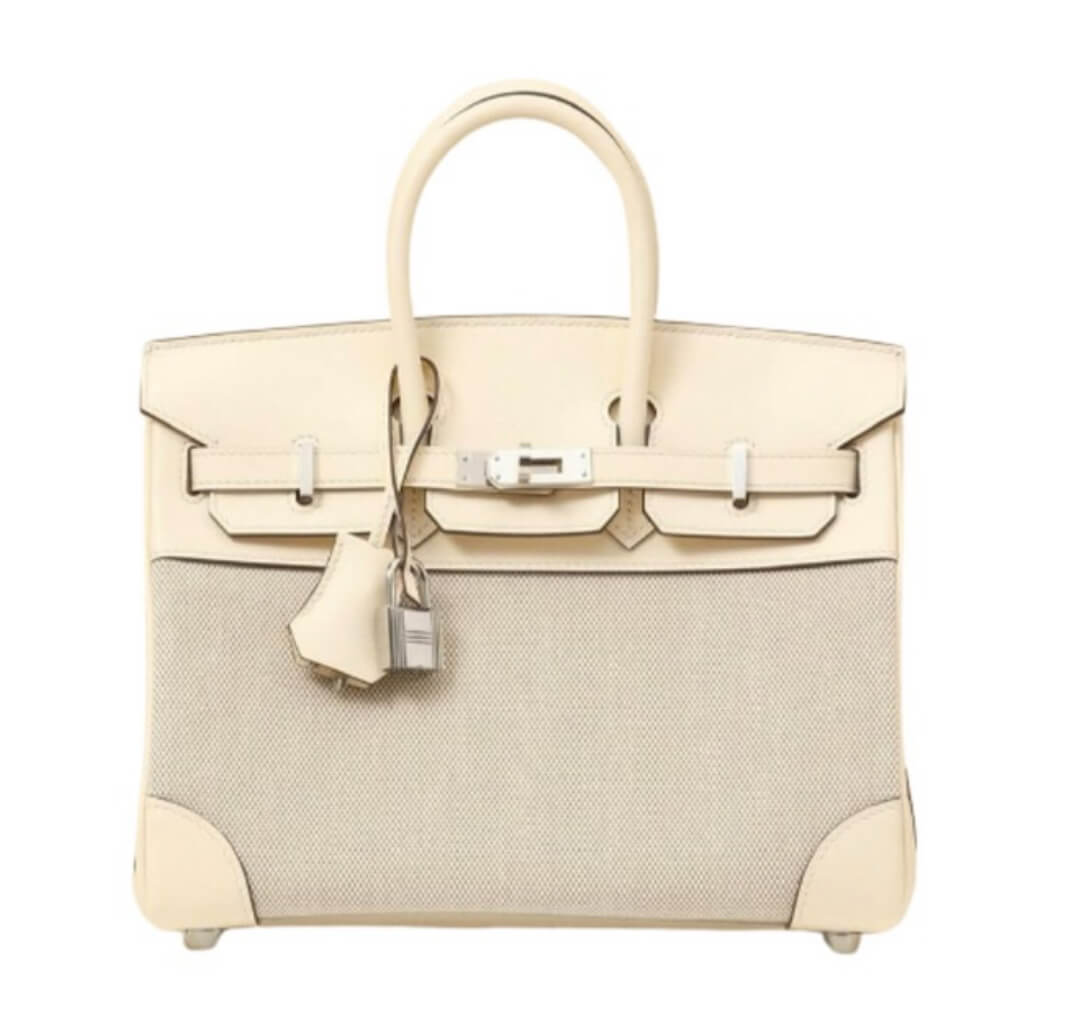 Hermès Birkin25 Nata Swift and Ecru Toile Quadrille &Palladium Hardware,