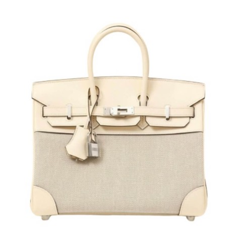 Hermès Birkin25 Nata Swift and Ecru Toile Quadrille &Palladium Hardware,