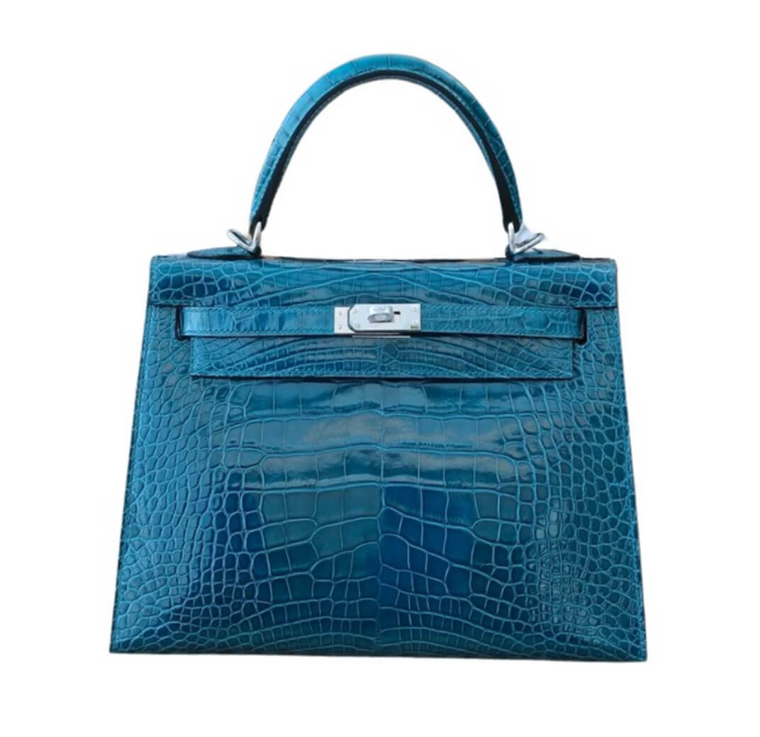 Hermès Kelly25 Sellier Blue Tempete Shiny Porosus Crocodile Leather& Palladium Hardware