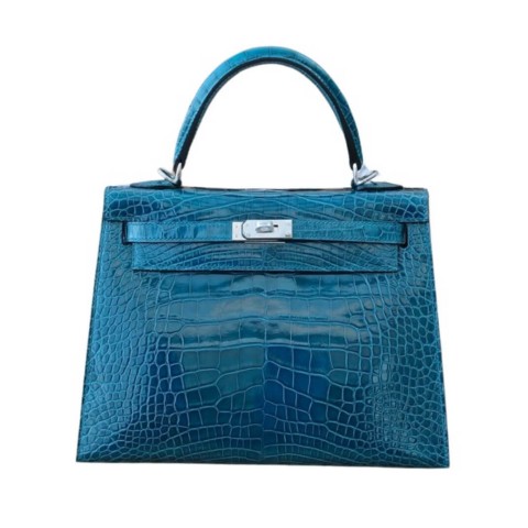 Hermès Kelly25 Sellier Blue Tempete Shiny Porosus Crocodile Leather& Palladium Hardware