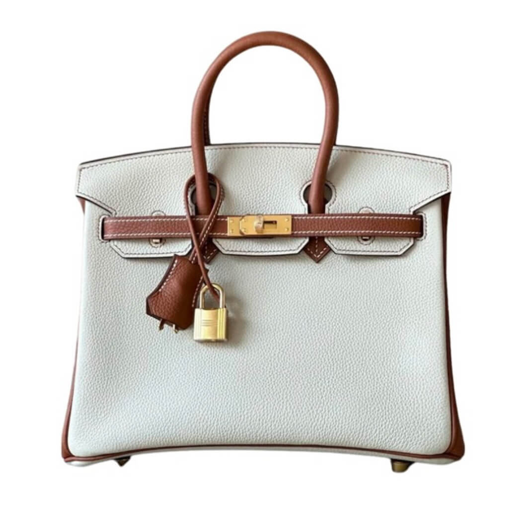 Hermès Birkin25 White and Gris Tourterelle Clemence&Gold Hardware