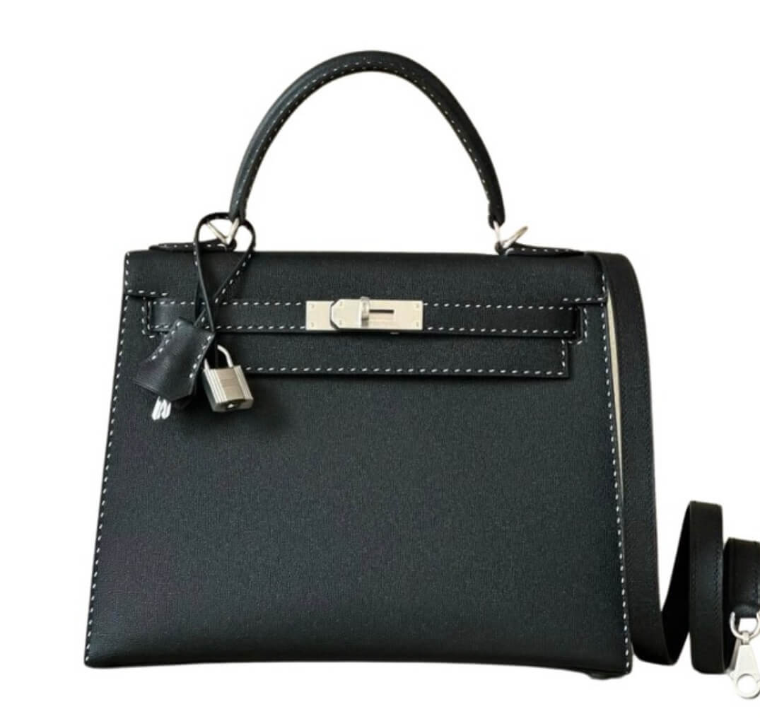 Hermès Kelly28 Black Un Point Sur Deux Veau Graine Monsieur& Palladium Hardware
