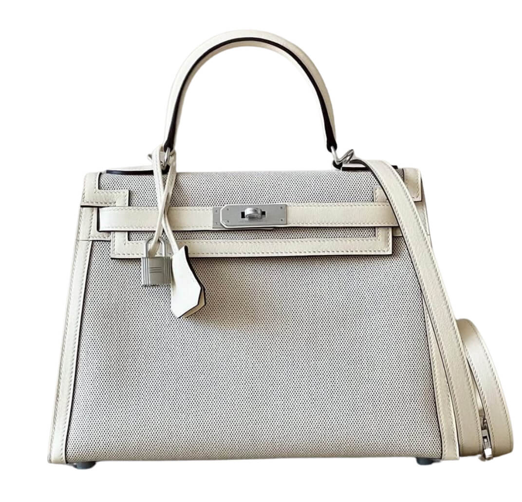 Hermès Kelly28 Retourne in Nata Swift and Ecru Toile&Palladium Hardware