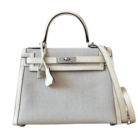 Hermès Kelly28 Retourne in Nata Swift and Ecru Toile&Palladium Hardware