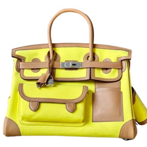 Hermès Birkin35 Cargo Limited Edition  in Jaune Citron and Chai Canvas and Swift Leathe&Palladium Hardware