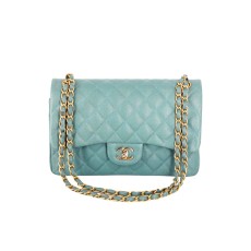Chanel 20cm Classic Flap/Green Caviar Silver Hardware Tiffany Blue