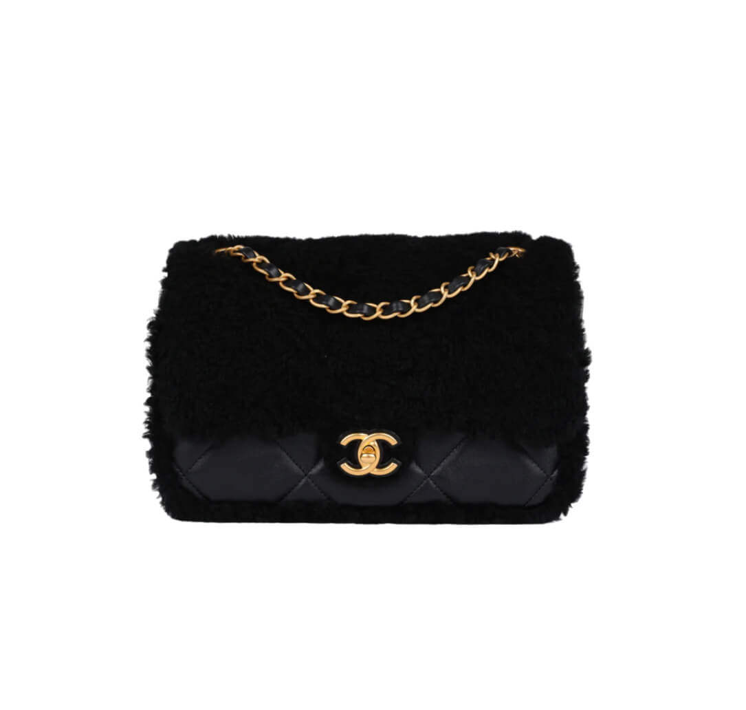 Chanel 17cm Shearling Flap Bag Lambskin Brushed&Gold Hardware , Black