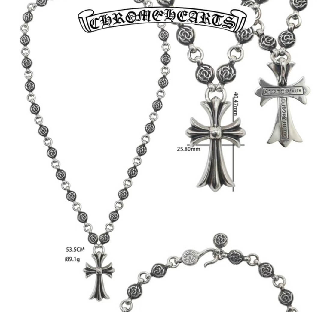 Chrome Hearts Silver Cross Fixed Flower Bead Necklace (54cm),(89.1g)