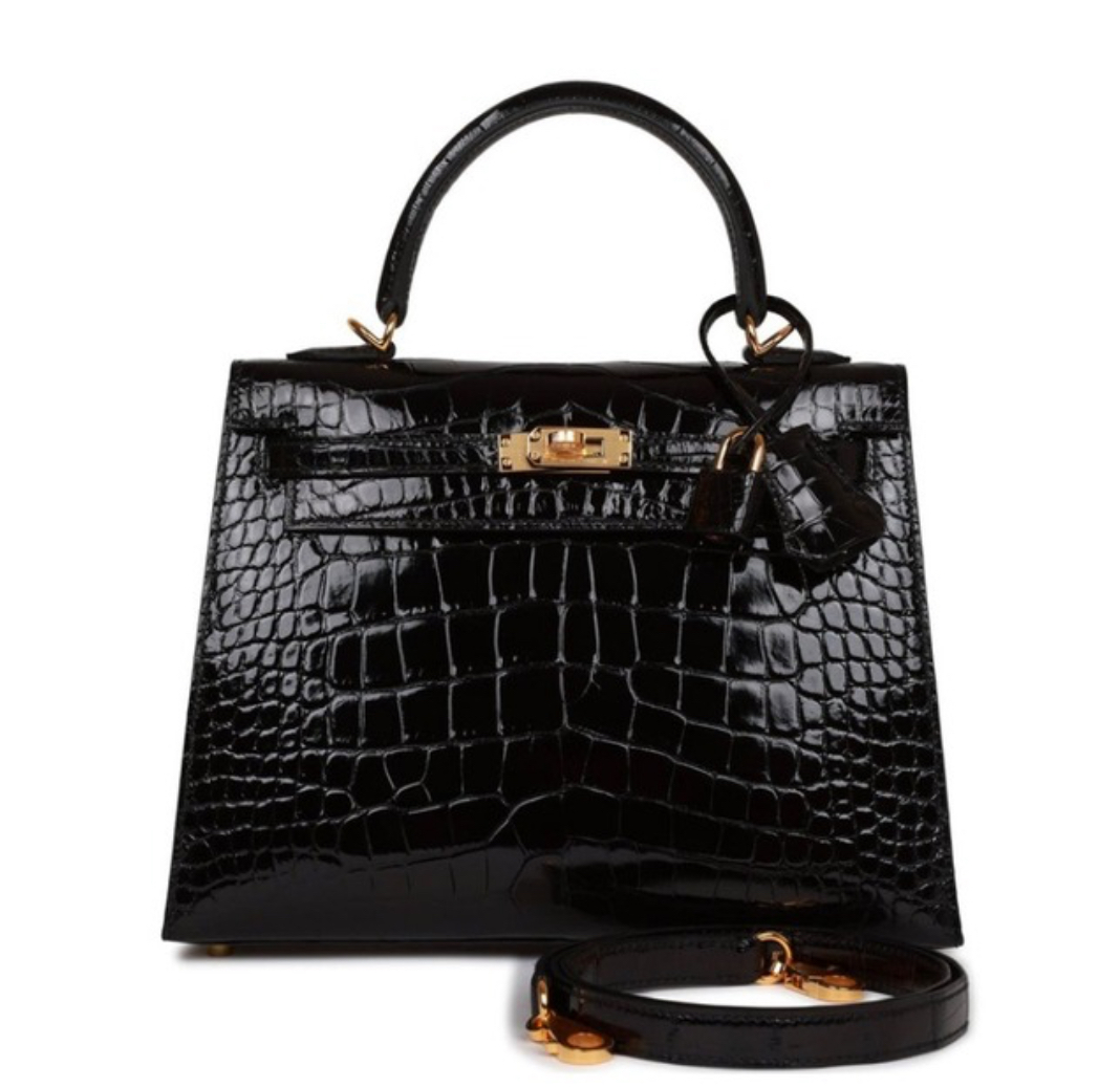Hermès Kelly25 Black Shiny Niloticus&Gold Hardware