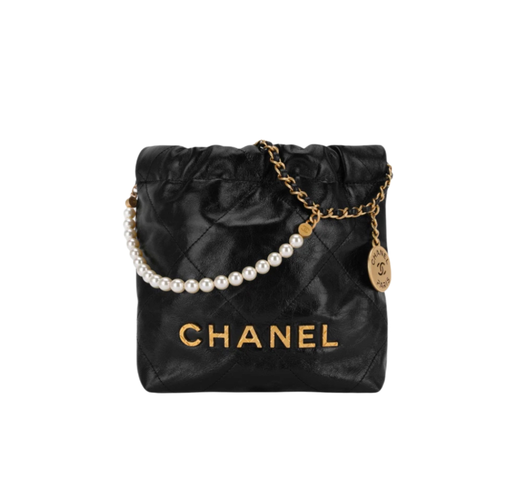 Chanel 22 Mini Handbag Shiny Crumpled Calfs kin Crystal Pearls & Gold Black