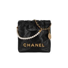Chanel 22 Mini Handbag Shiny Crumpled Calfs kin Crystal Pearls & Gold Black