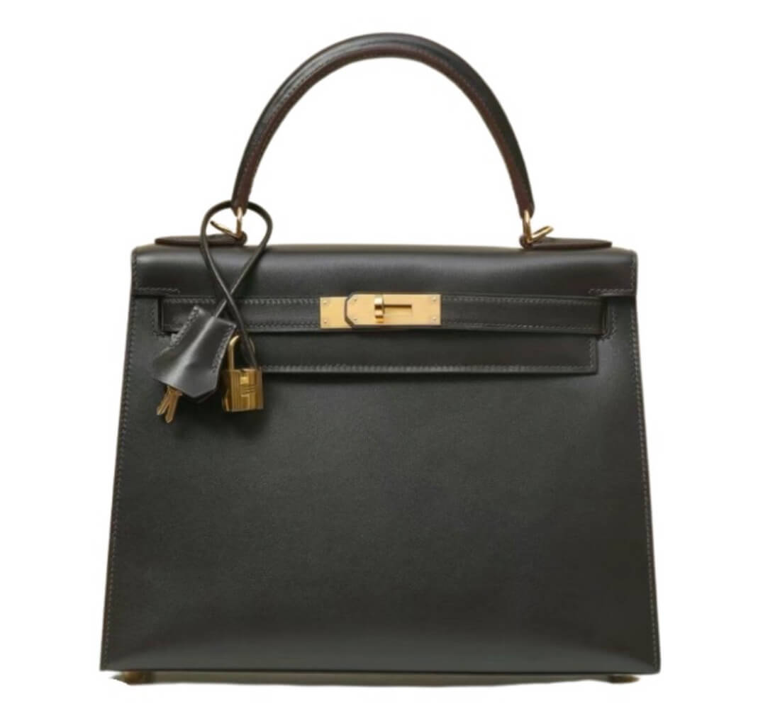 Hermès Kelly28 Ebony Glossy Box Leather Bag&Gold Hardware