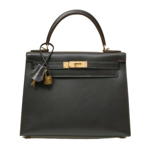 Hermès Kelly28 Ebony Glossy Box Leather Bag&Gold Hardware