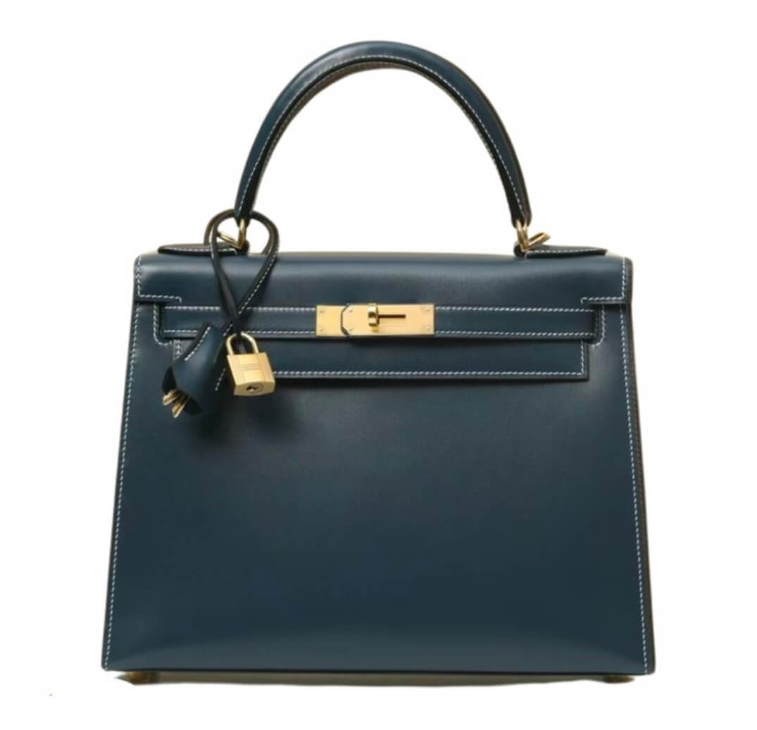 Hermès Kelly28 Prussian Blue Glossy Box Leather Bag&Gold Hardware