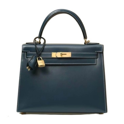 Hermès Kelly28 Prussian Blue Glossy Box Leather Bag&Gold Hardware