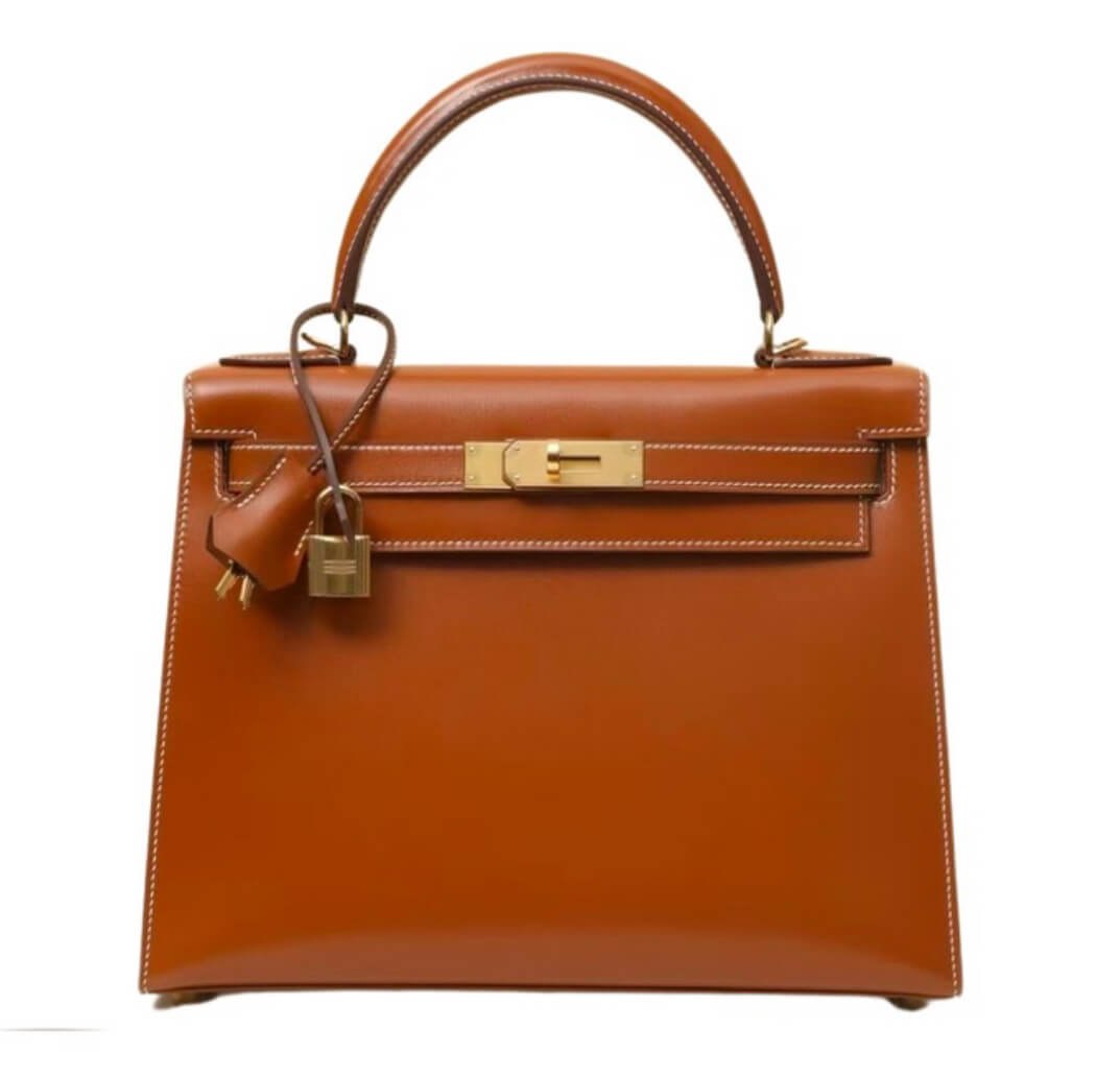 Hermès Kelly28  Gold Brown Glossy Box Leather Bag&Gold Hardware