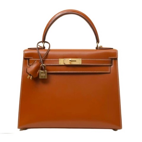 Hermès Kelly28  Gold Brown Glossy Box Leather Bag&Gold Hardware