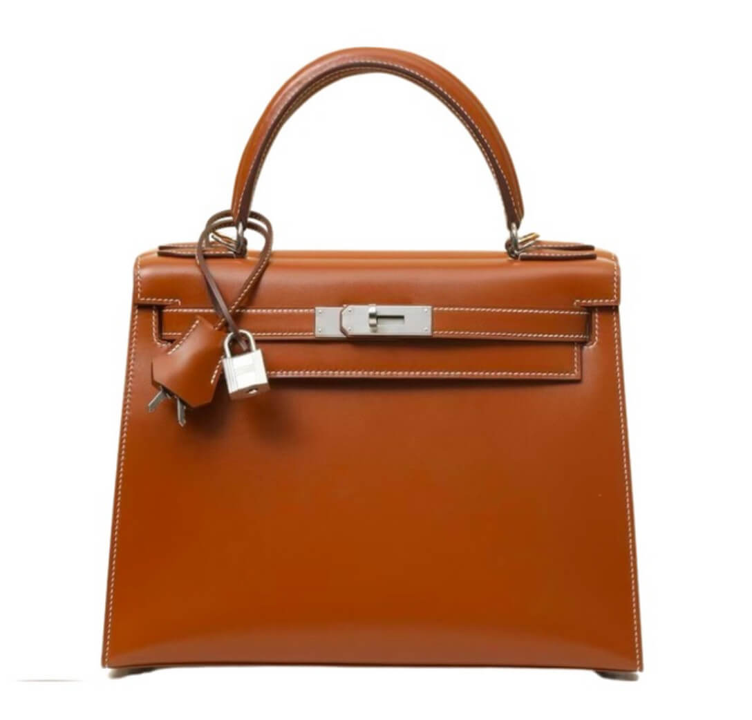 Hermès Kelly28  Gold Brown Glossy Box Leather Bag& Palladium Hardware