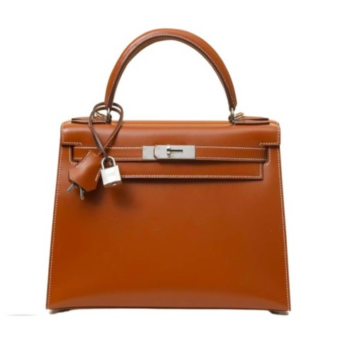 Hermès Kelly28  Gold Brown Glossy Box Leather Bag& Palladium Hardware
