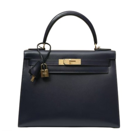 Hermès Kelly28  Sapphire Blue Glossy Box Leather Bag&Gold Hardware