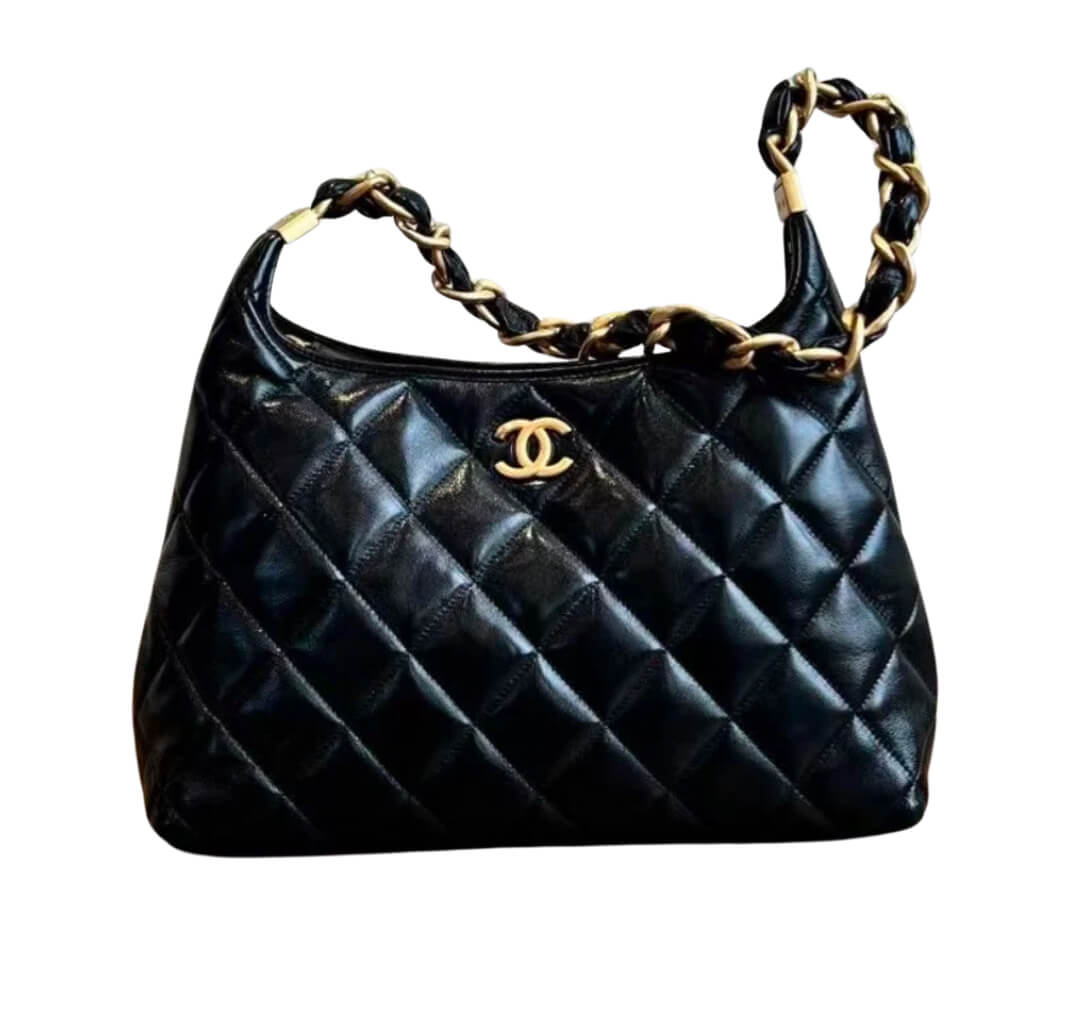 Chanel  Funky Town Black Shiny Calfskin Hobo Bag & Gold Metal