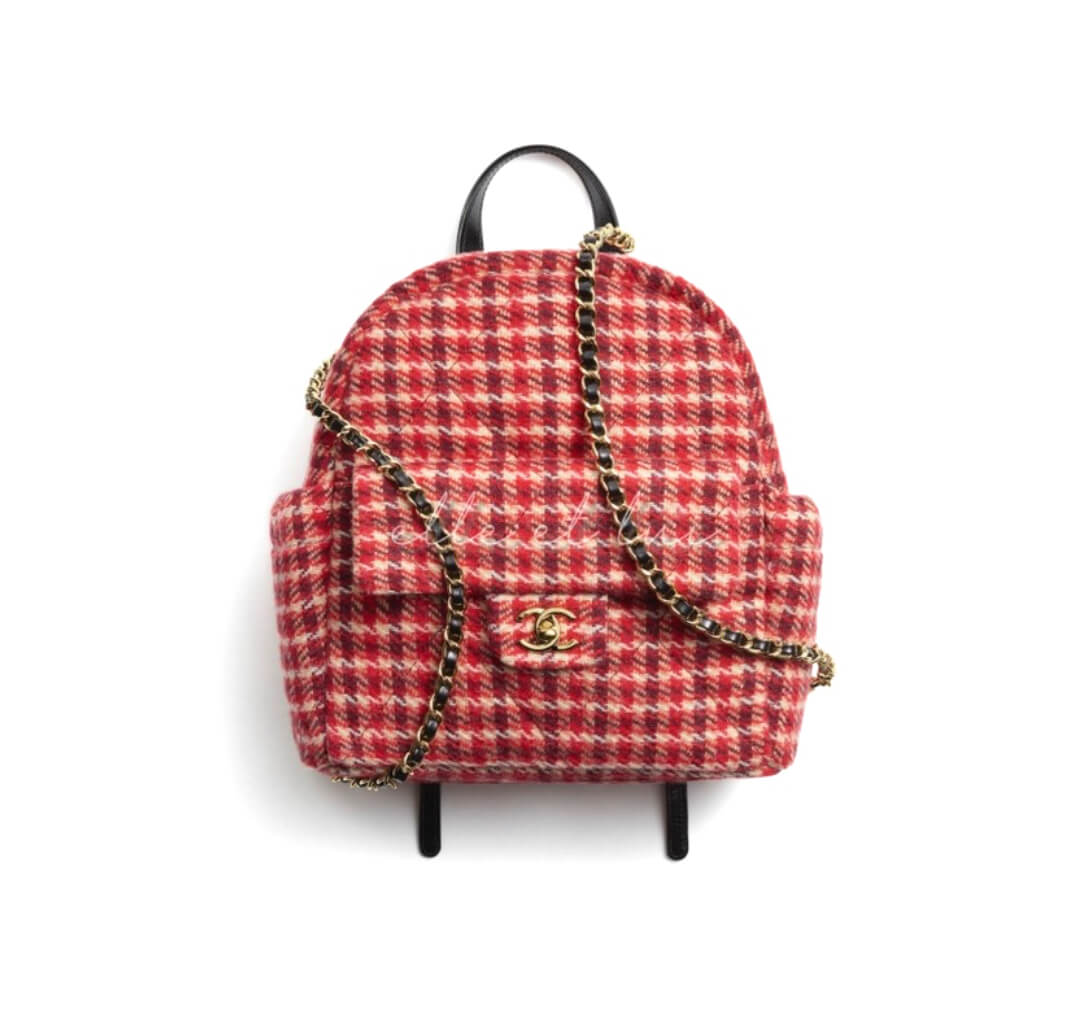 Chanel  25C Wool Twill Velvet Calfskin With Gold Metal Backpack Large Size Women's Red & White
