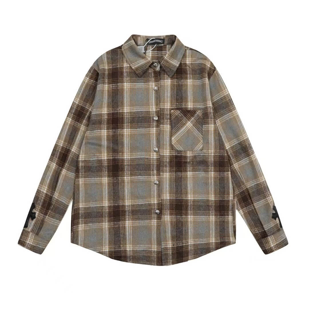 Chrome Hearts Heavyweight Long Sleeve Plaid Shirt with Cross Patch (Brown)